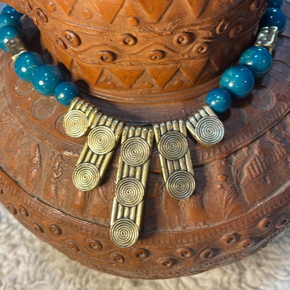 Handmade Aztec Brass Turquoise Beaded Collar 21in Necklace - Picture 3 of 7